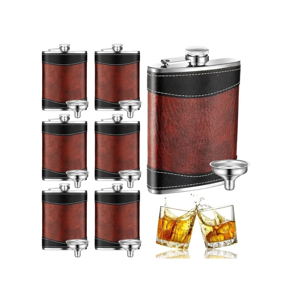 Best Man Groomsman Flask Set Stainless Steel Brown Faux Leather Wrap with Funnel